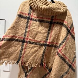 Plaid Tan Wool Blend Poncho